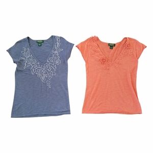 Eddie Bauer Women's Short Sleeve Embroidered V-Neck Tops Size S Purple & Orange